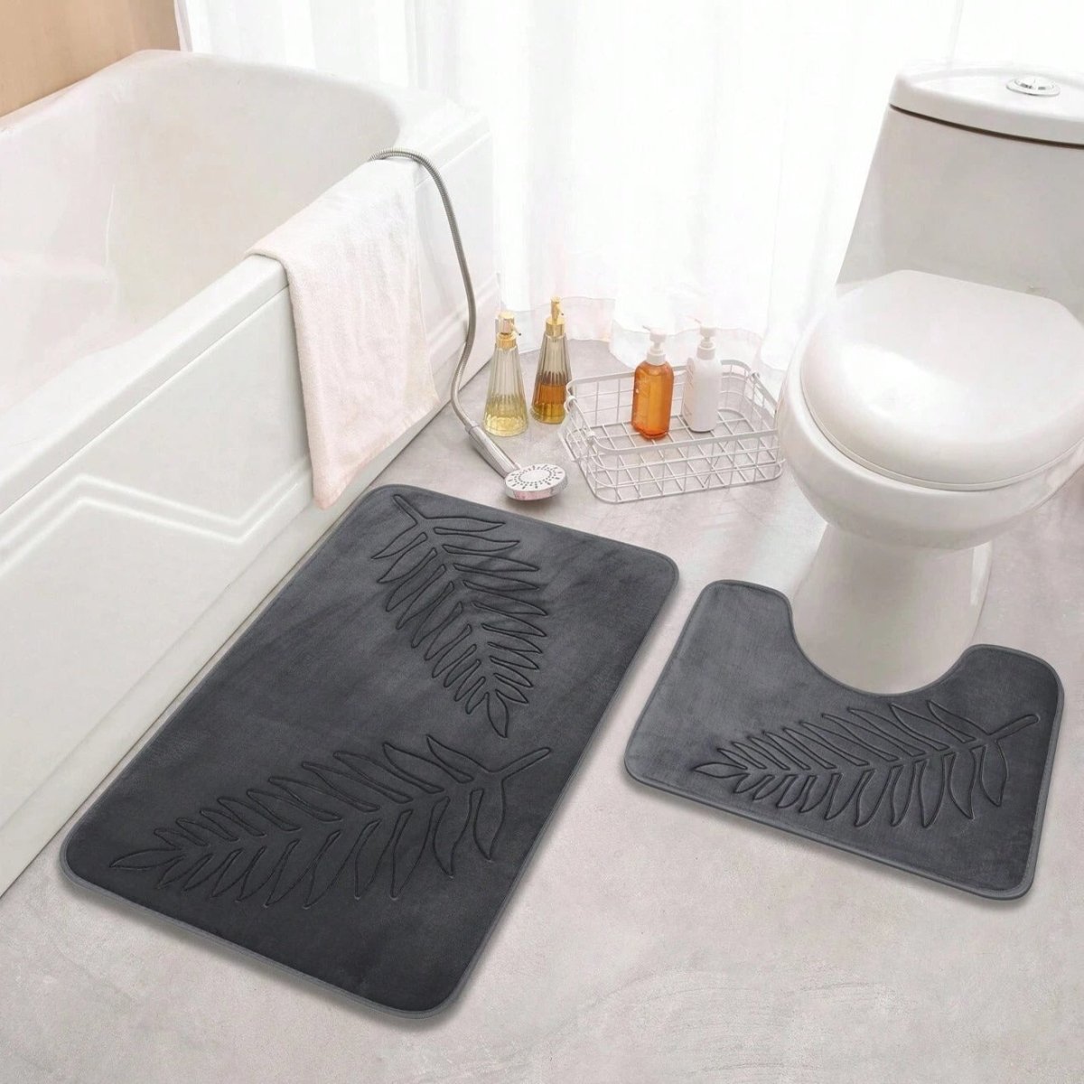 Non-Slip Bath Mat Set with U-Shaped Mat and Embossed Leaf Pattern