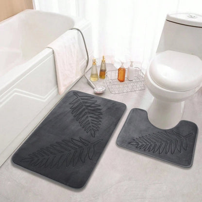 Non-Slip Bath Mat Set with U-Shaped Mat and Embossed Leaf Pattern