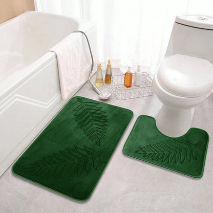 Non-Slip Bath Mat Set with U-Shaped Mat and Embossed Leaf Pattern