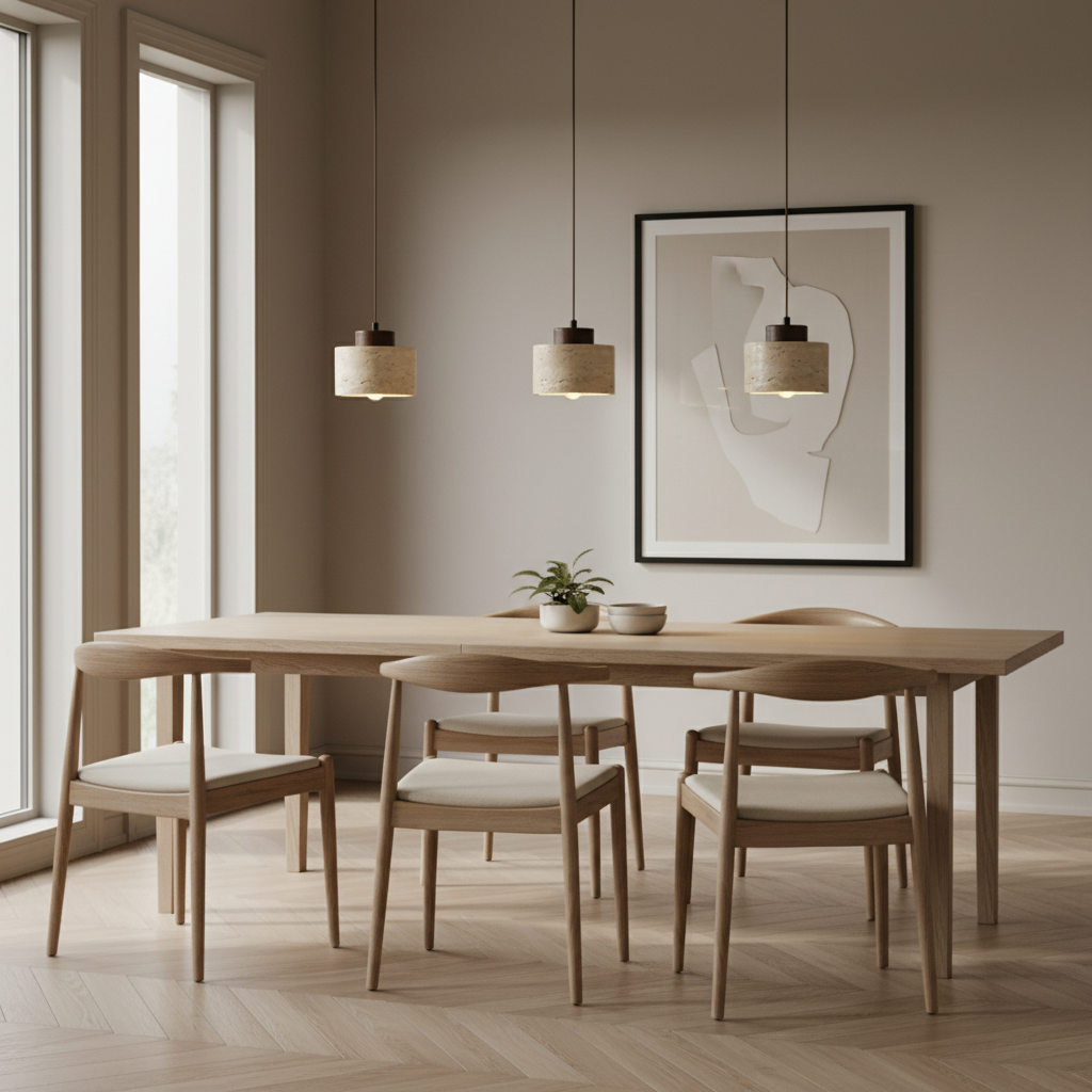 Nordic Minimalist Pendant Lamp with Travertine Shade and Cord Pendant