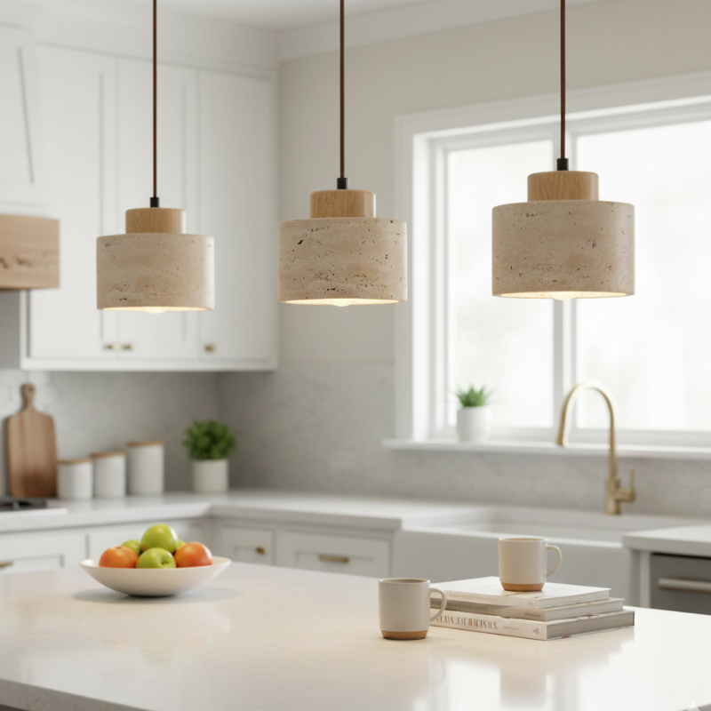 Nordic Minimalist Pendant Lamp with Travertine Shade and Cord Pendant