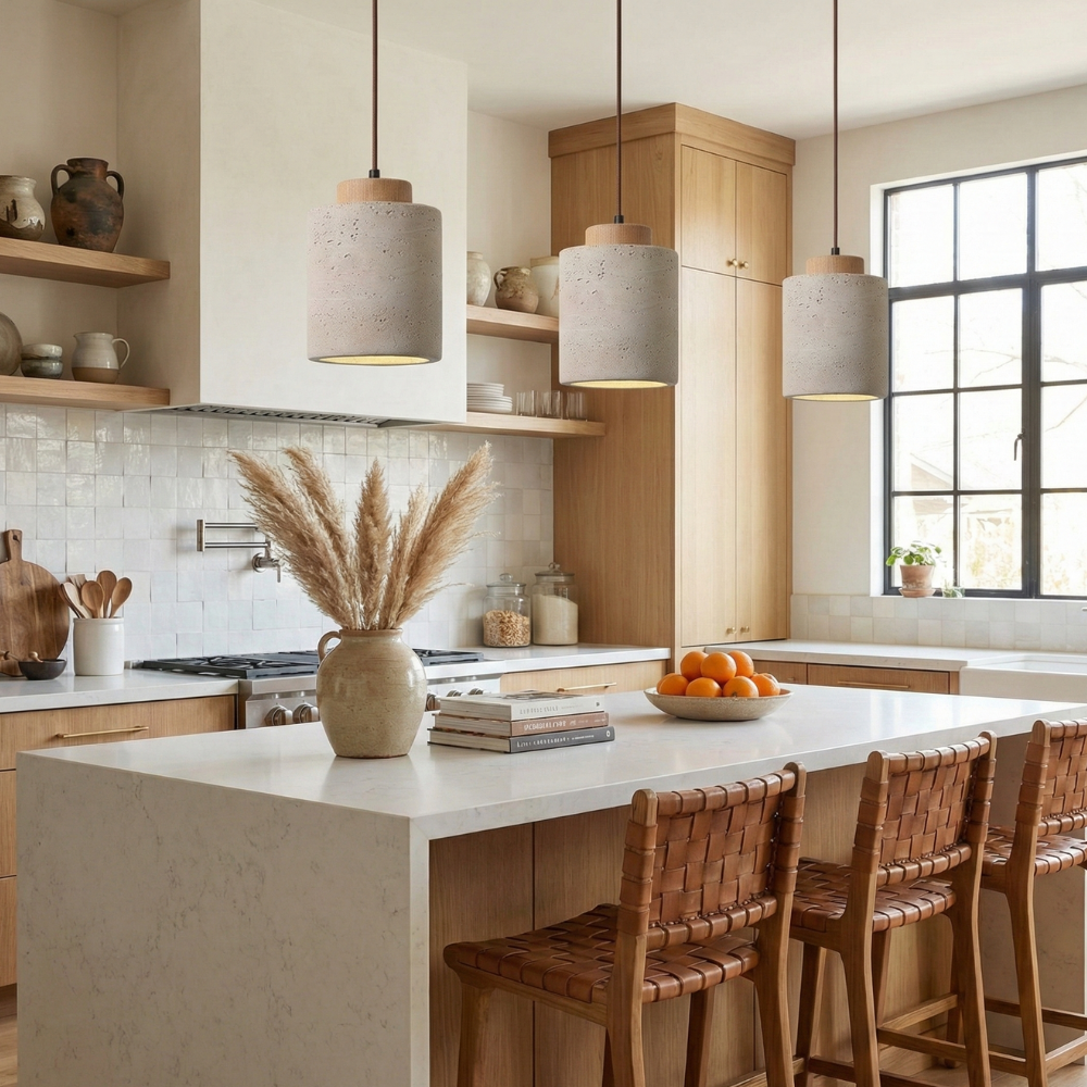 Nordic Minimalist Pendant Lamp with Travertine Shade and Cord Pendant