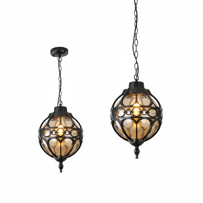 Outdoor Globe Pendant Lamp Bohemian Style with Ornamental Metal Frame