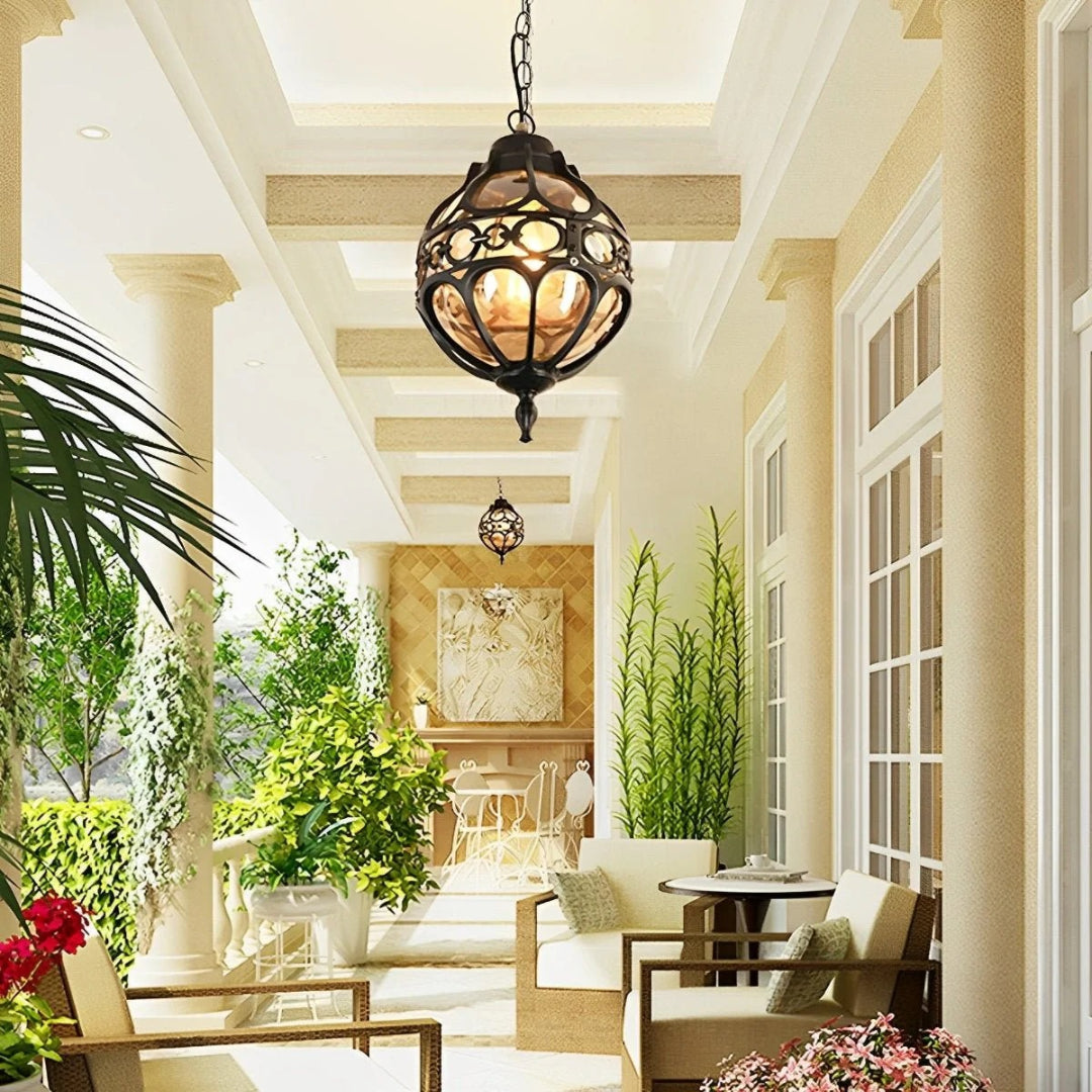 Outdoor Globe Pendant Lamp Bohemian Style with Ornamental Metal Frame