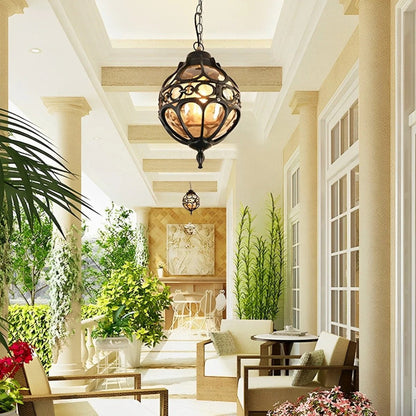 Outdoor Globe Pendant Lamp Bohemian Style with Ornamental Metal Frame