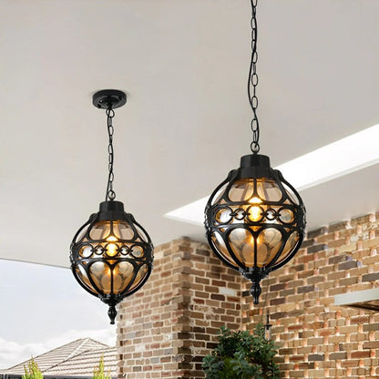 Outdoor Globe Pendant Lamp Bohemian Style with Ornamental Metal Frame