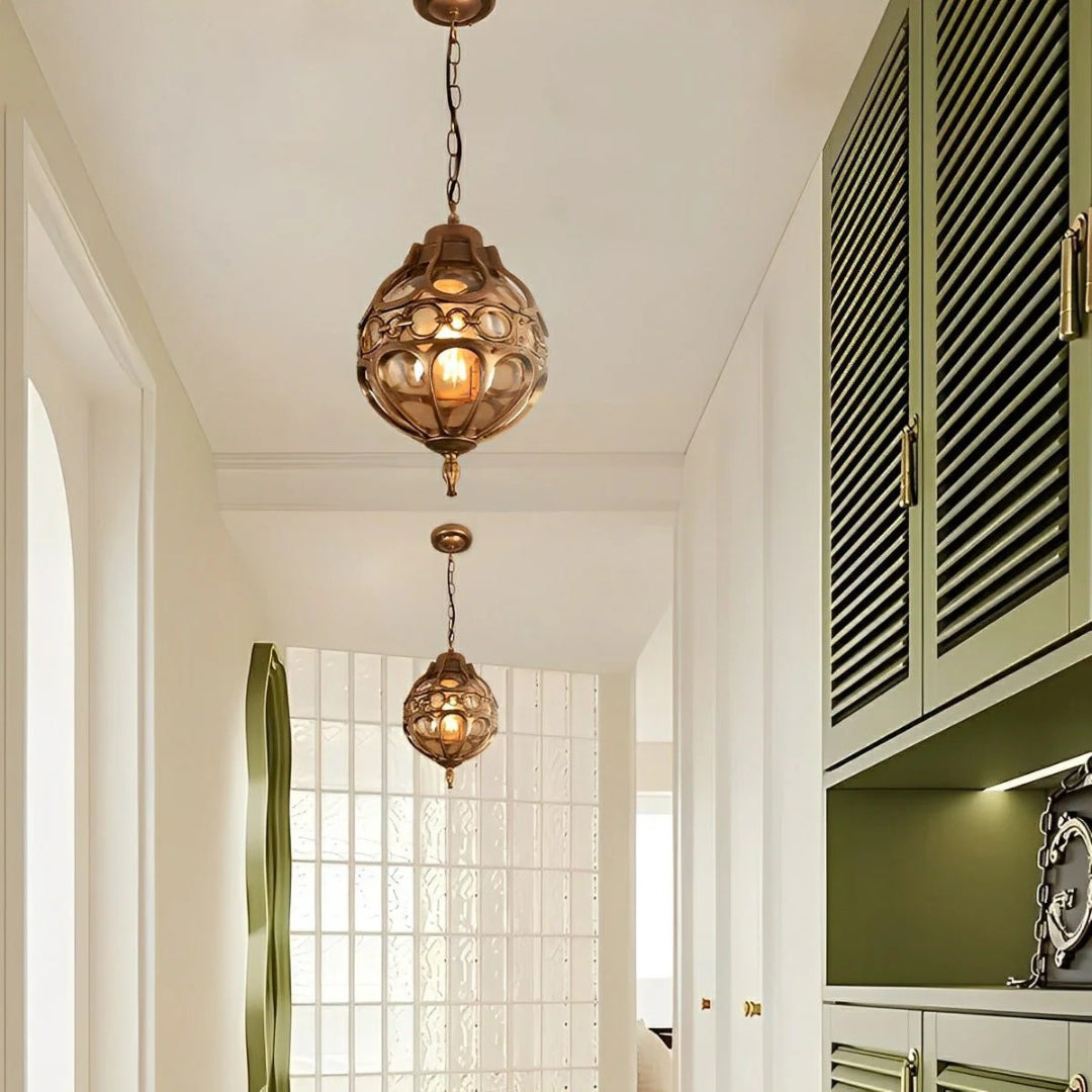 Outdoor Globe Pendant Lamp Bohemian Style with Ornamental Metal Frame