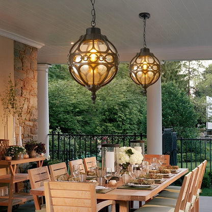 Outdoor Globe Pendant Lamp Bohemian Style with Ornamental Metal Frame