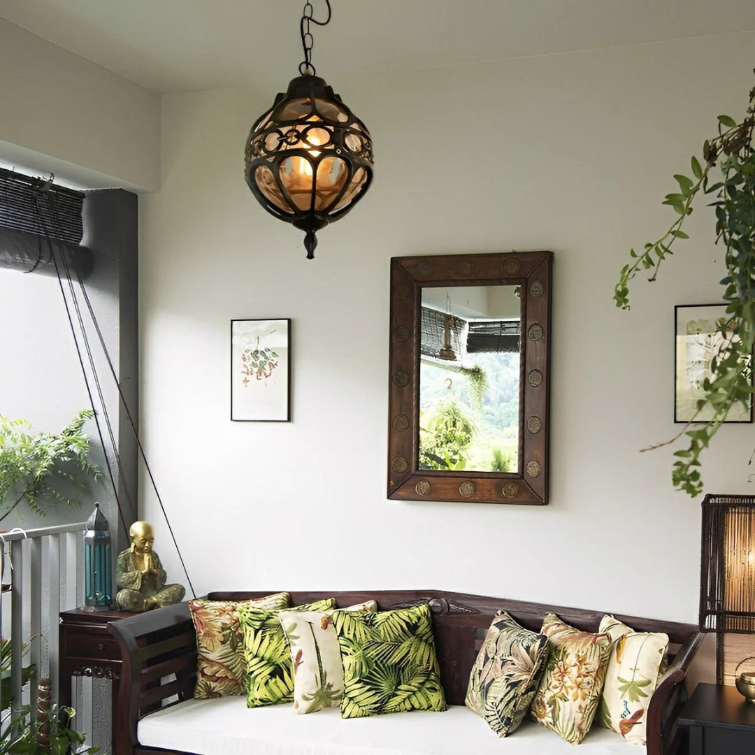 Outdoor Globe Pendant Lamp Bohemian Style with Ornamental Metal Frame
