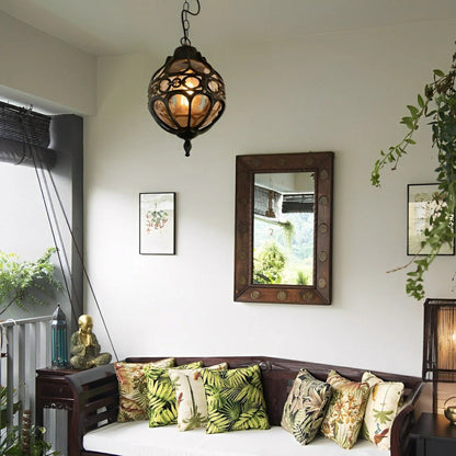 Outdoor Globe Pendant Lamp Bohemian Style with Ornamental Metal Frame