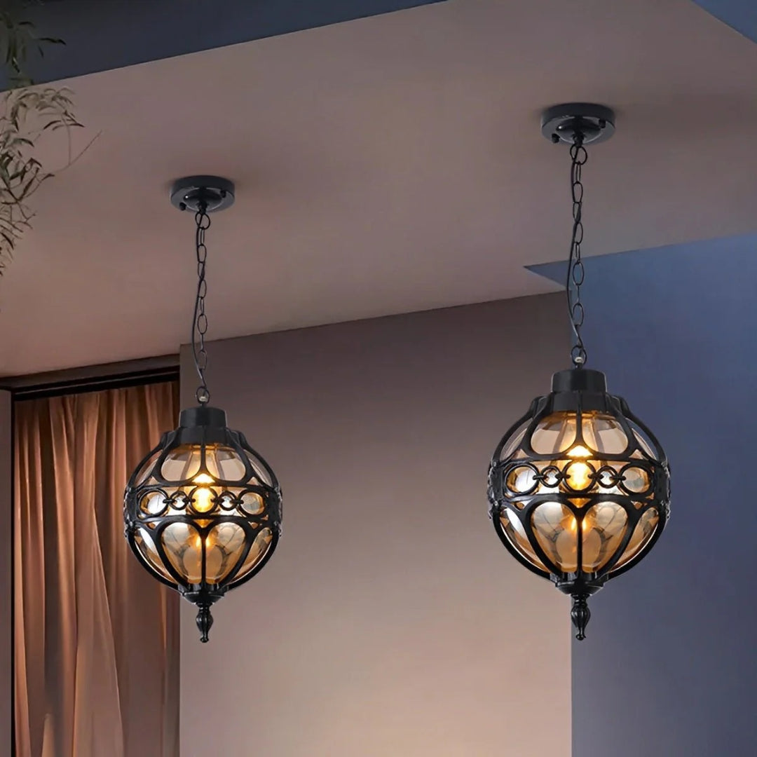 Outdoor Globe Pendant Lamp Bohemian Style with Ornamental Metal Frame