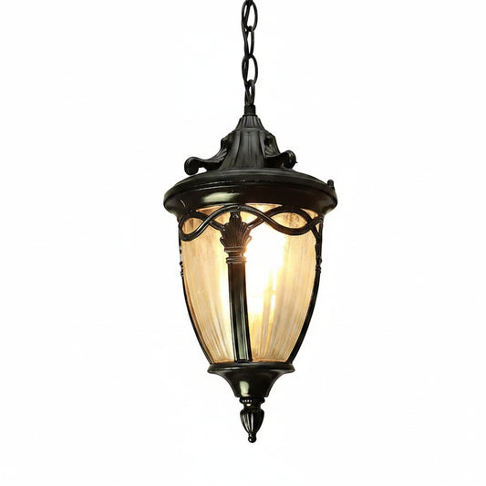 Outdoor Pendant Lamp Vintage Lantern Style with Ribbed Glass and Chain Mount