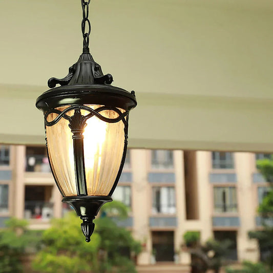 Outdoor Pendant Lamp Vintage Lantern Style with Ribbed Glass and Chain Mount