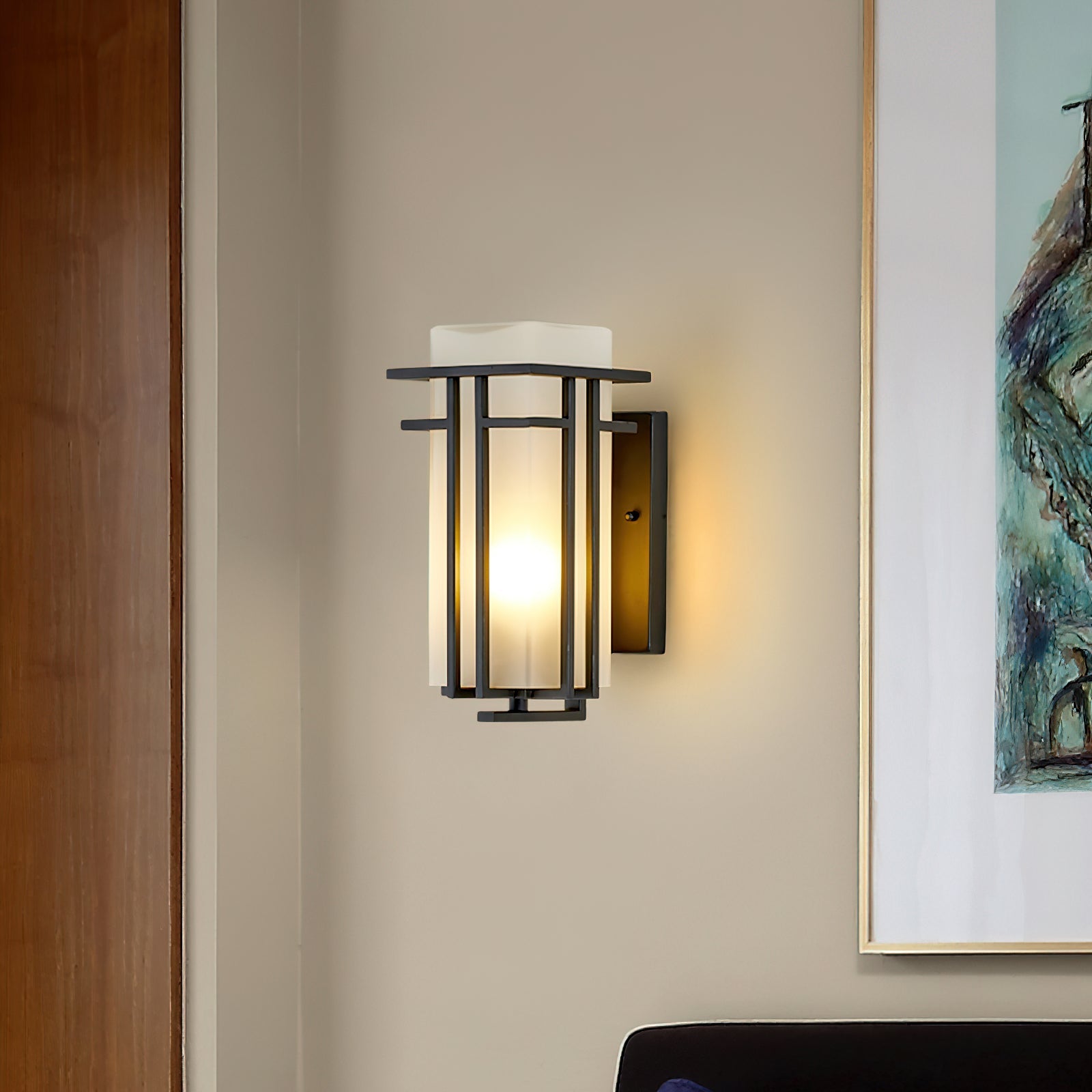 Outdoor Wall Lamp Art Deco Lantern Style with Frosted Glass Shade