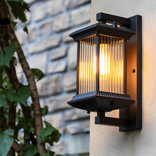 Outdoor Wall Lamp Vintage Lantern Style with Fluted Glass Panel for Exterior Use