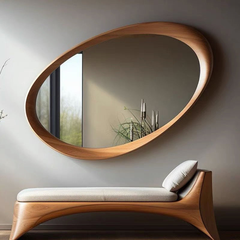Oval Wall Mirror with Solid Wood Frame and Tempered Glass