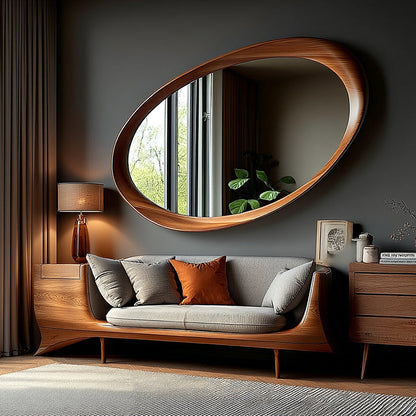Oval Wall Mirror with Solid Wood Frame and Tempered Glass