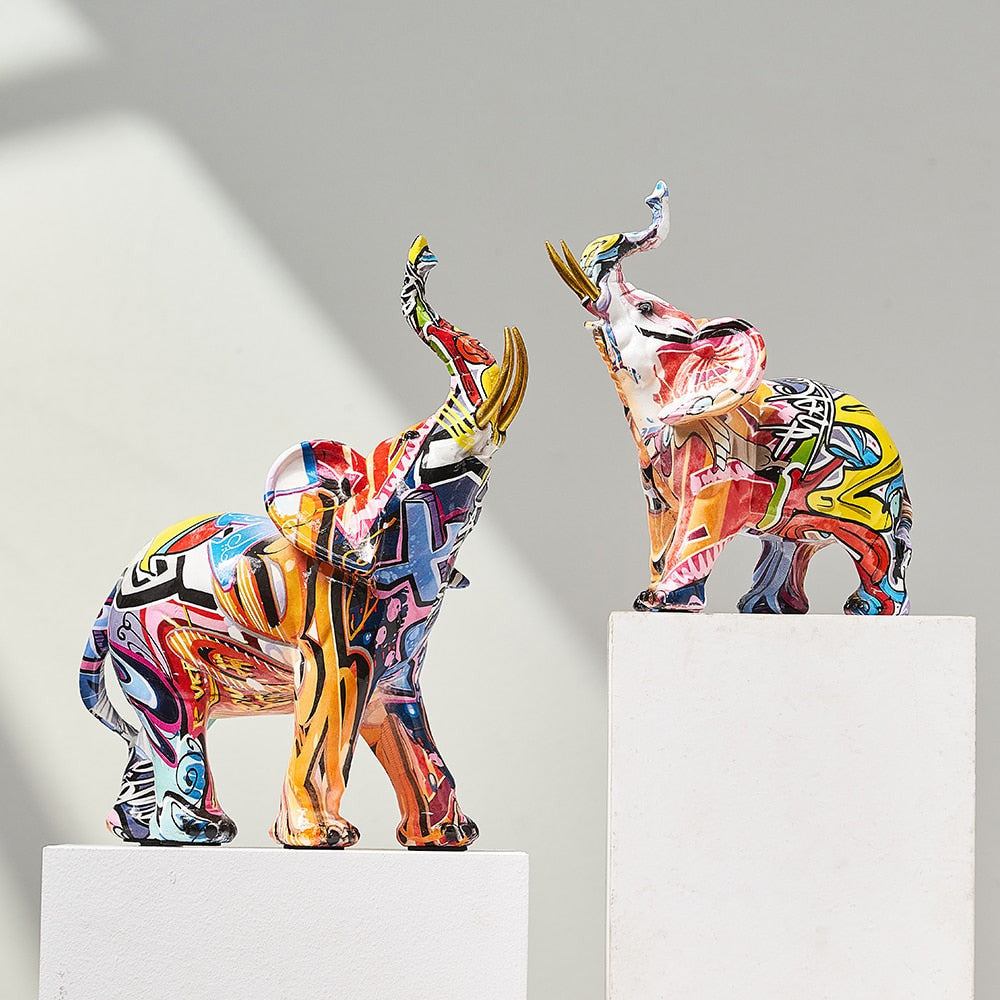 Painted Elephant Statue and Sculpture with Raised Trunk