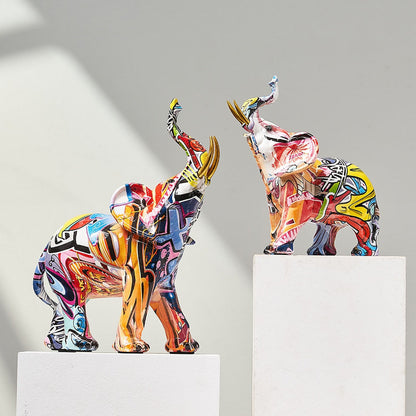 Painted Elephant Statue and Sculpture with Raised Trunk