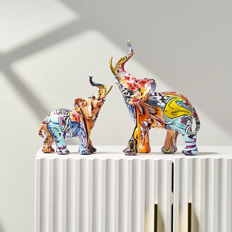 Painted Elephant Statue and Sculpture with Raised Trunk