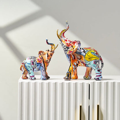 Painted Elephant Statue and Sculpture with Raised Trunk