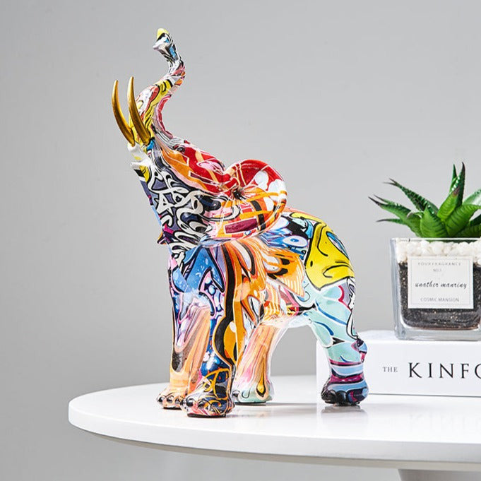 Painted Elephant Statue and Sculpture with Raised Trunk