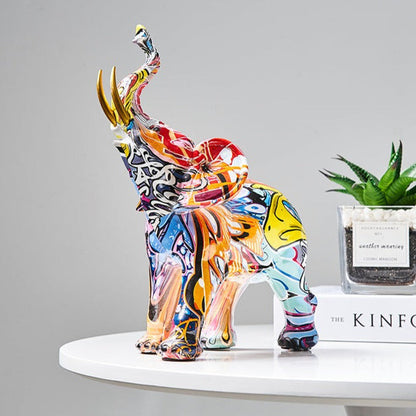 Painted Elephant Statue and Sculpture with Raised Trunk