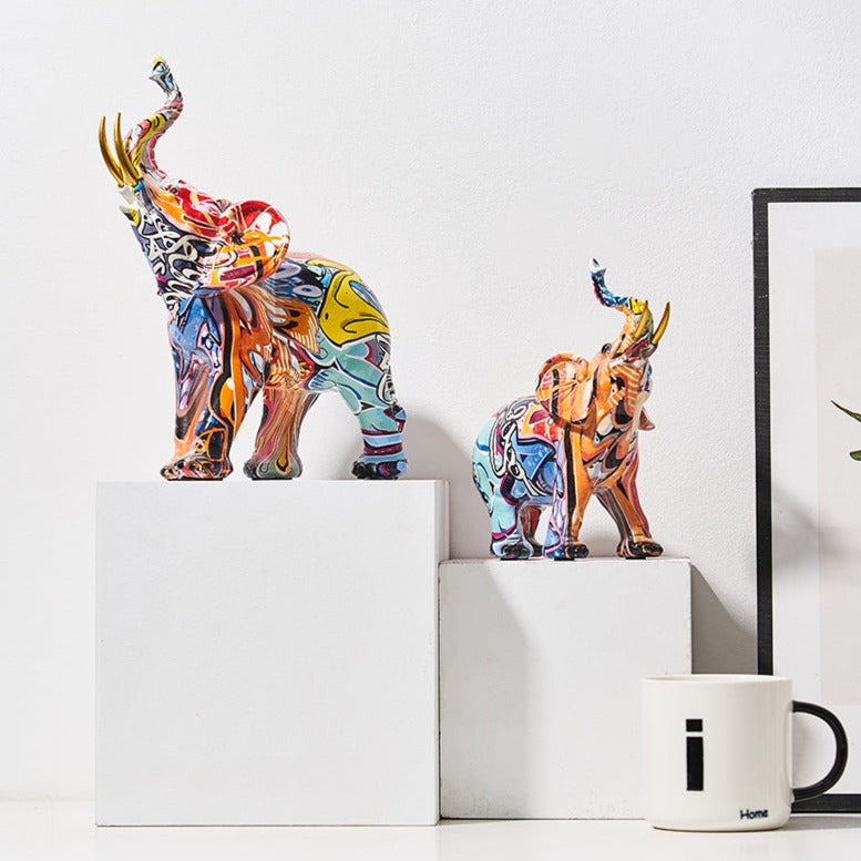 Painted Elephant Statue and Sculpture with Raised Trunk