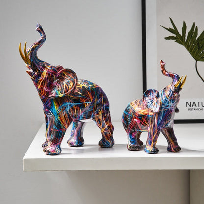 Painted Elephant Statue and Sculpture with Raised Trunk
