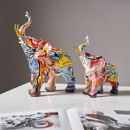 Painted Elephant Statue and Sculpture with Raised Trunk