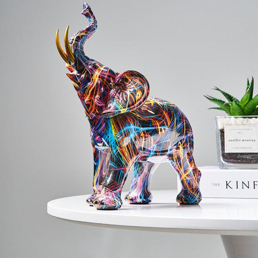 Painted Elephant Statue and Sculpture with Raised Trunk