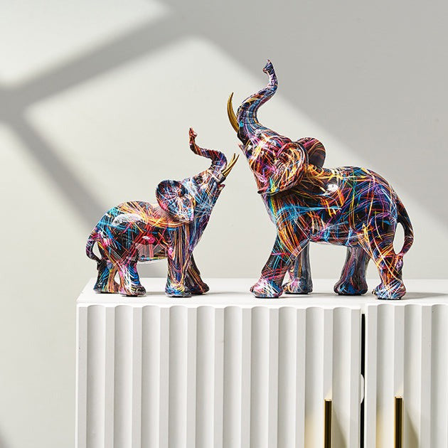 Painted Elephant Statue and Sculpture with Raised Trunk