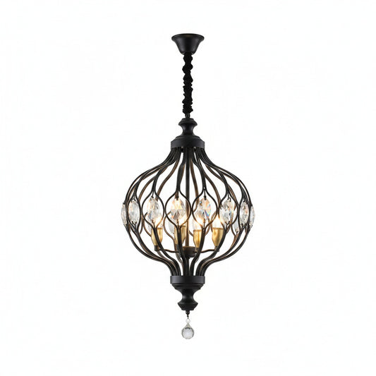 Pendant Chandelier Art Deco with Crystal Accents and Open Cage Frame