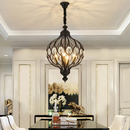 Pendant Chandelier Art Deco with Crystal Accents and Open Cage Frame