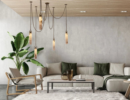 Pendant Lamp Art Deco with Alabaster Stone Shade and Decorative Chain