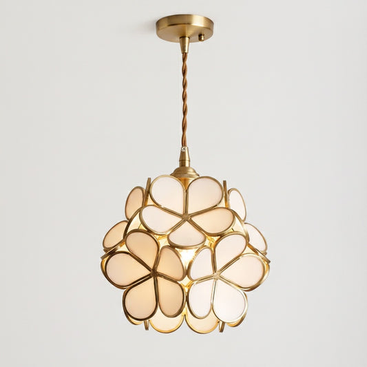 Pendant Lamp Art Deco with Flower-Shaped Glass Shade and Brass Frame