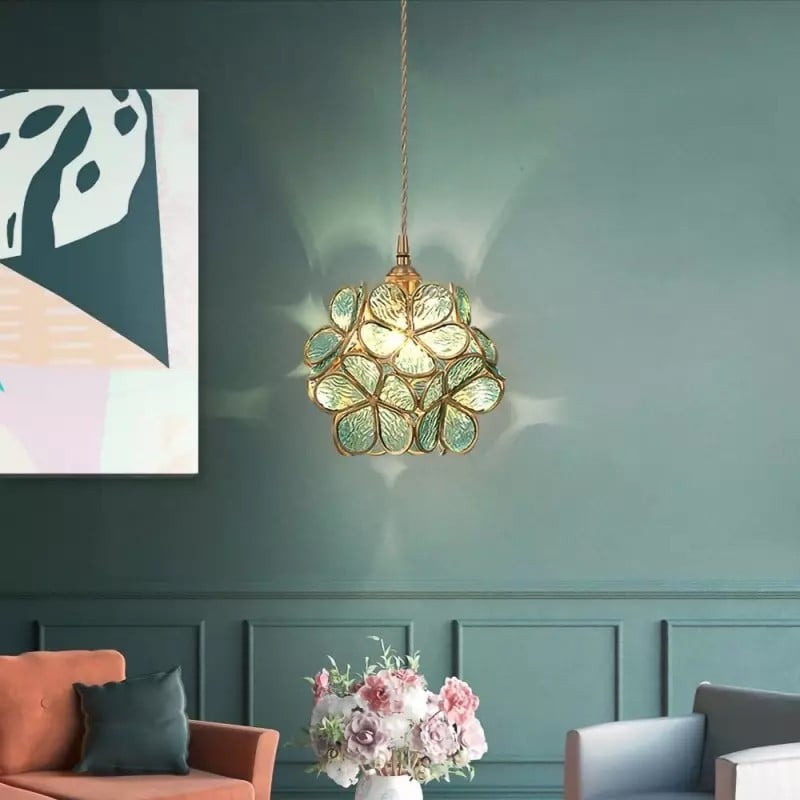 Pendant Lamp Art Deco with Flower-Shaped Glass Shade and Brass Frame