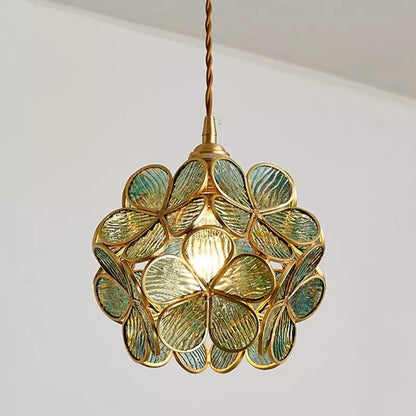 Pendant Lamp Art Deco with Flower-Shaped Glass Shade and Brass Frame