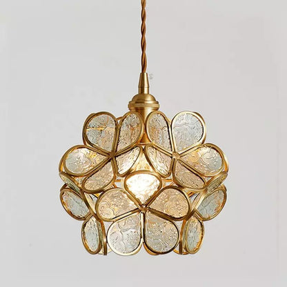 Pendant Lamp Art Deco with Flower-Shaped Glass Shade and Brass Frame