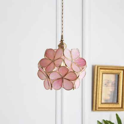 Pendant Lamp Art Deco with Flower-Shaped Glass Shade and Brass Frame
