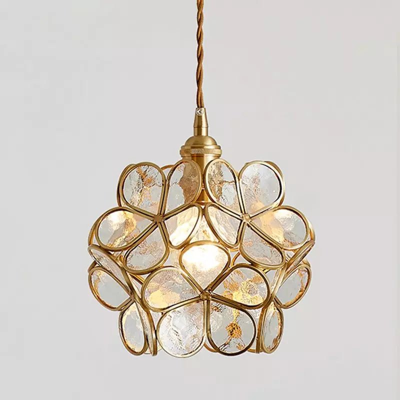 Pendant Lamp Art Deco with Flower-Shaped Glass Shade and Brass Frame