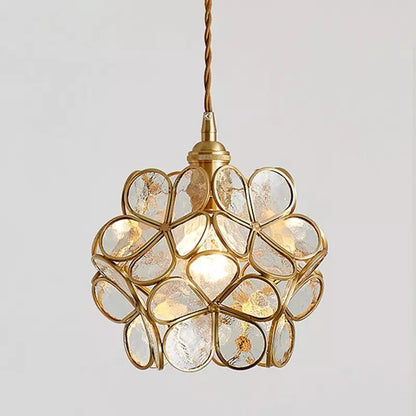 Pendant Lamp Art Deco with Flower-Shaped Glass Shade and Brass Frame