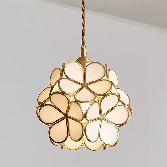 Pendant Lamp Art Deco with Flower-Shaped Glass Shade and Brass Frame