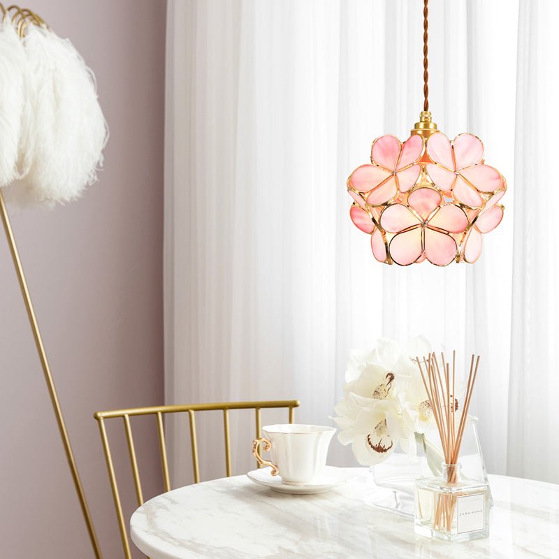 Pendant Lamp Art Deco with Flower-Shaped Glass Shade and Brass Frame