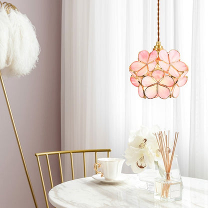 Pendant Lamp Art Deco with Flower-Shaped Glass Shade and Brass Frame