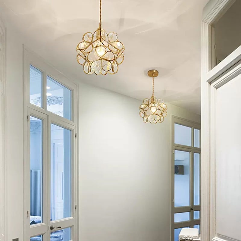 Pendant Lamp Art Deco with Flower-Shaped Glass Shade and Brass Frame