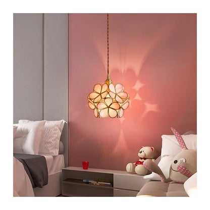 Pendant Lamp Art Deco with Flower-Shaped Glass Shade and Brass Frame