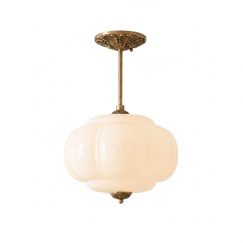 Pendant Lamp Art Deco with Scalloped Glass Shade and Ornate Brass Fitting