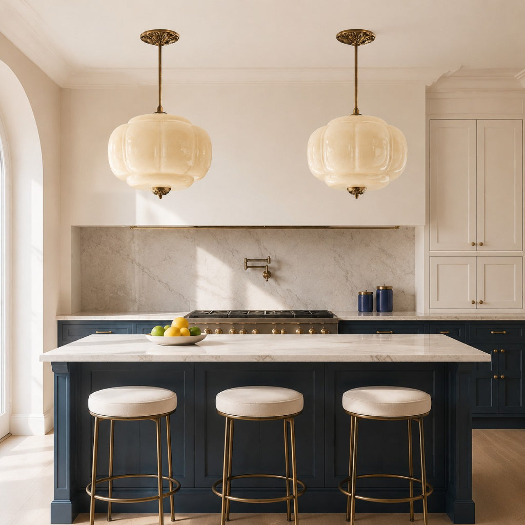 Pendant Lamp Art Deco with Scalloped Glass Shade and Ornate Brass Fitting