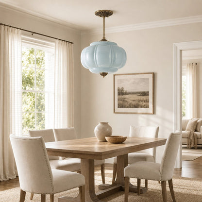 Pendant Lamp Art Deco with Scalloped Glass Shade and Ornate Brass Fitting